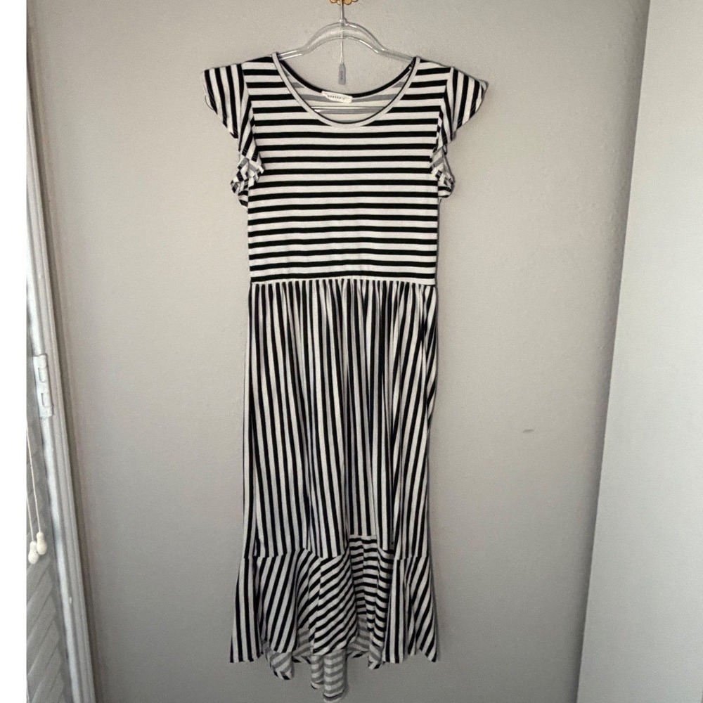 Reborn J Striped Flutter Sleeve High Low Ruffle Hem Midi Dress Black White Small
